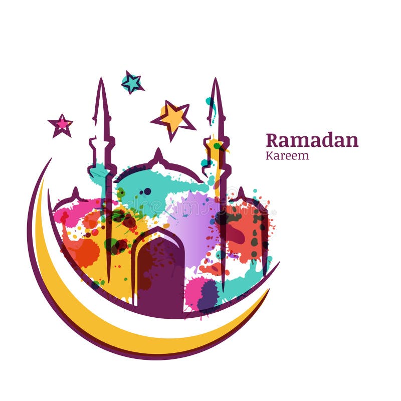 O cartão de Ramadan Kareem com aquarela isolou a ilustração da mesquita multicolorido na lua ilustração do vetor O cartão de Ramadan Kareem com aquarela isolou a ilustração da mesquita multicolorido na lua ilustração do vetor