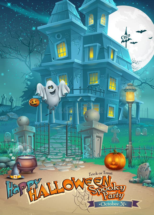 O cartão do feriado com Dia das Bruxas misterioso assombrou a casa, abóboras assustadores, o chapéu mágico e o fantasma alegre ilustração stock O cartão do feriado com Dia das Bruxas misterioso assombrou a casa, abóboras assustadores, o chapéu mágico e o fantasma alegre ilustração stock
