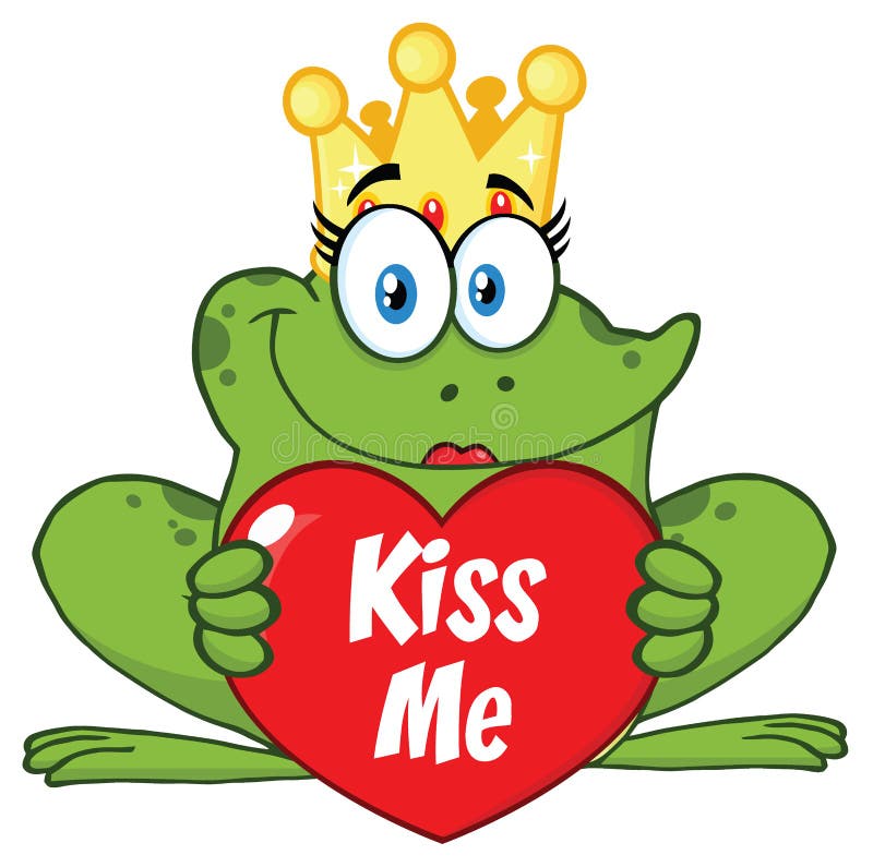 O caráter bonito da princesa Frog Cartoon Mascot com a coroa que guarda um coração do amor com texto beija-me ilustração stock O caráter bonito da princesa Frog Cartoon Mascot com a coroa que guarda um coração do amor com texto beija-me ilustração stock