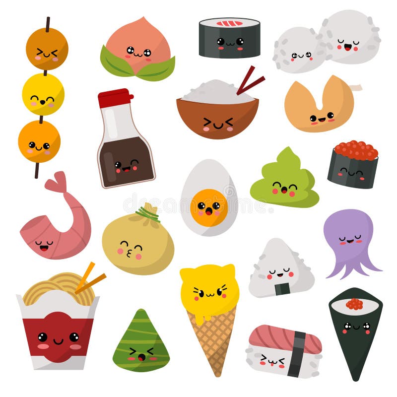O caráter do sushi do emoticon do vetor do alimento de Kawaii e o sashimi japoneses do emoji rolam com arroz dos desenhos animado ilustração stock O caráter do sushi do emoticon do vetor do alimento de Kawaii e o sashimi japoneses do emoji rolam com arroz dos desenhos animado ilustração stock
