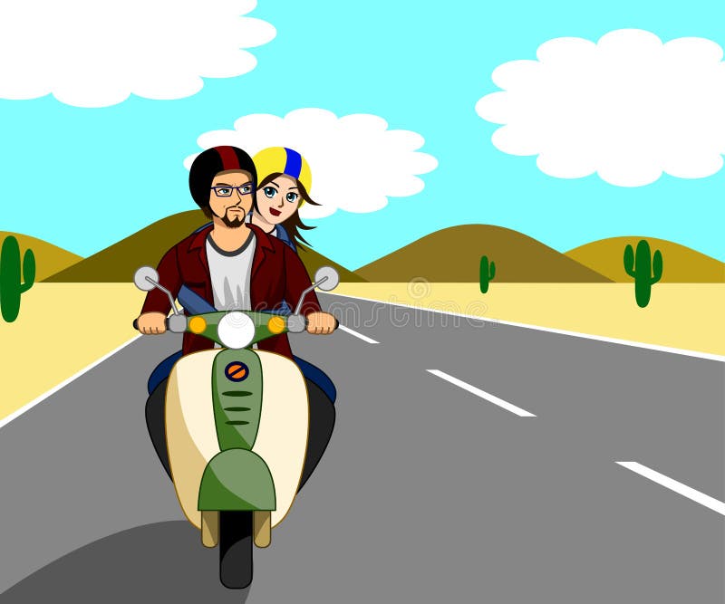 Ilustração engraçada dos desenhos animados de vetor de casal viajar de  moto. homem e mulher andam de motocicleta. motociclistas, motociclista