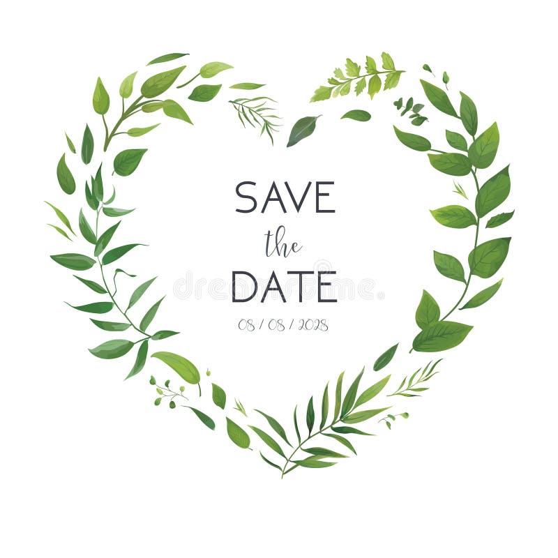 O casamento floral convida, cartão do convite, salvar o projeto da data Grinalda botânica da forma do coração das hortaliças Plan ilustração royalty free O casamento floral convida, cartão do convite, salvar o projeto da data Grinalda botânica da forma do coração das hortaliças Plan ilustração royalty free