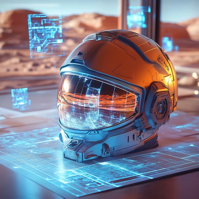 O cască futuristă pentru proiecte arhitecturale pentru avanpostul de pe Marte inovator cu afișaje holografice stock illustration