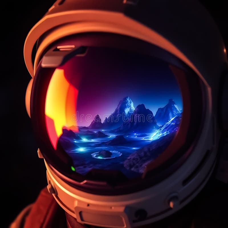 O cască pentru astronauți care arată un peisaj extraterestru vibrant cu munți strălucitori și caracteristici de apă Generativ AI vector illustration