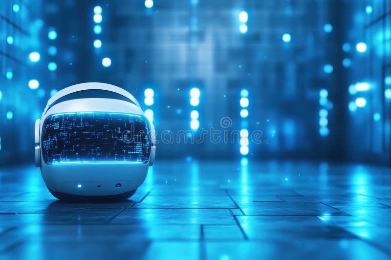 O cască robotică cu lumini de strălucire albastră se sprijină pe o suprafață digitală într-un cadru tehnologic modern vector illustration