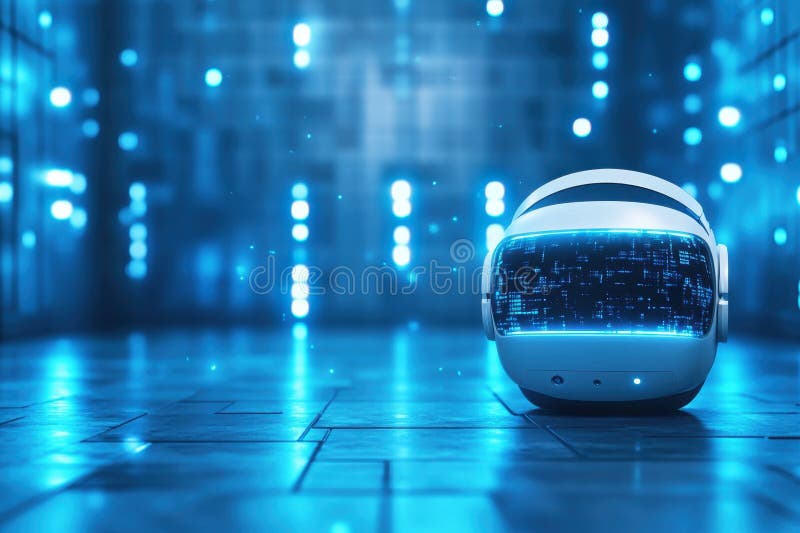 O cască robotică cu lumini strălucitoare albastre se sprijină pe o suprafață digitală într-un mediu tehnologic modern royalty free illustration