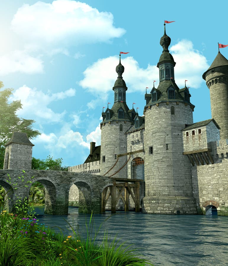O castelo romântico da fantasia protegeu por um fosso