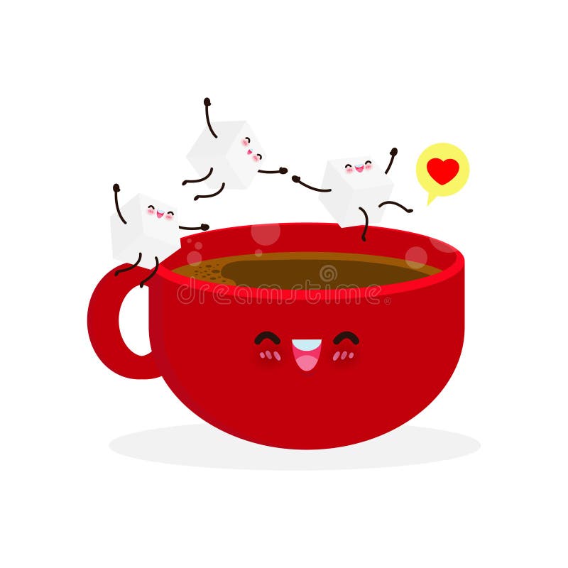 O ceașcă de cafea cu zahăr alb și un caracter amuzant. sărituri drăguțe de zahăr pe un poster cu o ceașcă de cafea izolată pe fond stock illustration