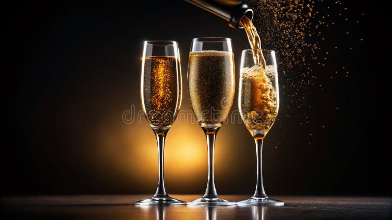 O celebrare spumoasă, șampanie rafinată, turnată în două pahare elegante de vin gata să topească stock illustration