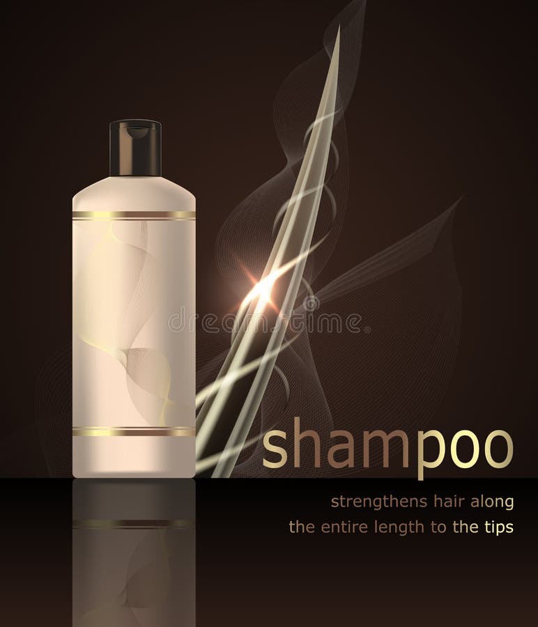 O champô de Digitas reforça o oon do modelo do cabelo um fundo escuro, com seu tipo, vetor realístico do estilo 3d ilustração stock O champô de Digitas reforça o oon do modelo do cabelo um fundo escuro, com seu tipo, vetor realístico do estilo 3d ilustração stock