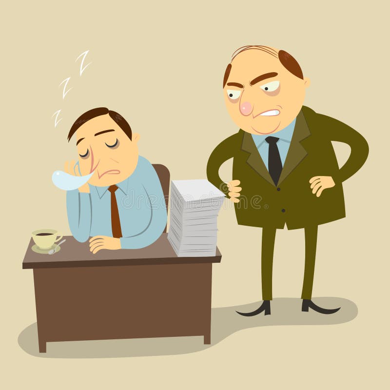 O chefe está irritado pelo tempo do trabalho do empregado ilustração stock O chefe está irritado pelo tempo do trabalho do empregado ilustração stock