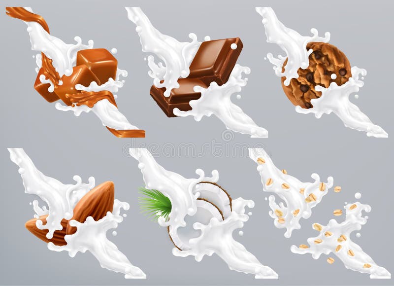 O chocolate, caramelo, coco, amêndoa, biscoito, aveia no leite espirra Vetor do iogurte 3d ilustração stock O chocolate, caramelo, coco, amêndoa, biscoito, aveia no leite espirra Vetor do iogurte 3d ilustração stock