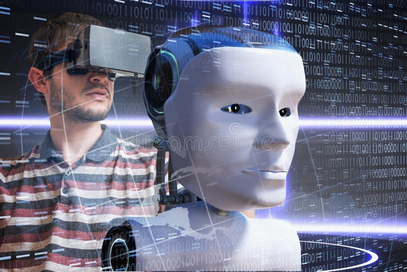 Young scientist is controlling robotic head. Artificial intelligence concept. 3D rendered illustration of a robot. Young scientist is controlling robotic head. Artificial intelligence concept. 3D rendered illustration of a robot.