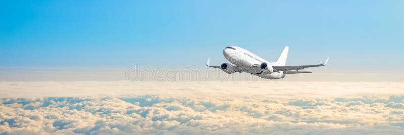 Passenger aircraft cloudscape with white airplane is flying in the daytime sky overcast, panorama view. Passenger aircraft cloudscape with white airplane is flying in the daytime sky overcast, panorama view