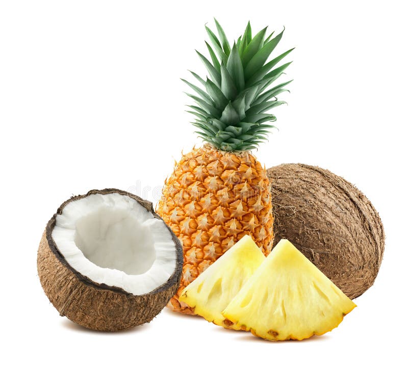 Pineapple whole coconut pieces composition 3 isolated on white background as package design element for tropical cocktails. Pineapple whole coconut pieces composition 3 isolated on white background as package design element for tropical cocktails