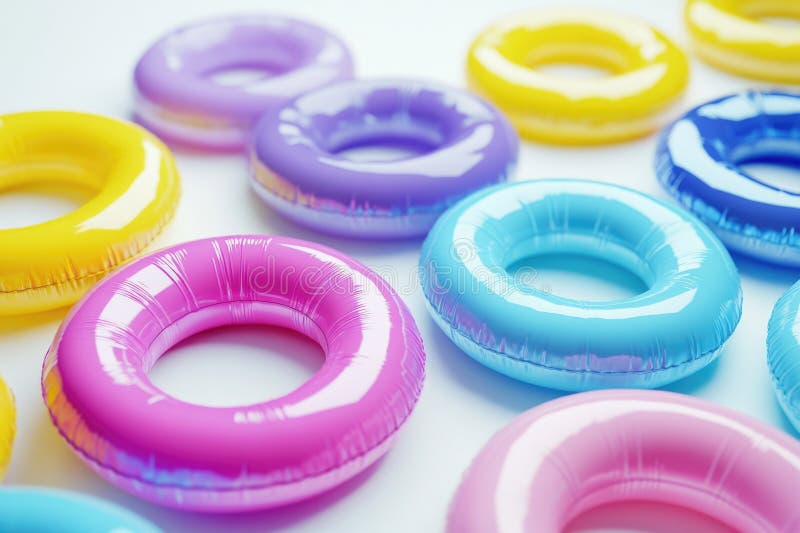 O colecție de inele gonflabile de culoare deschisă, aranjate pe fond alb royalty free stock photos