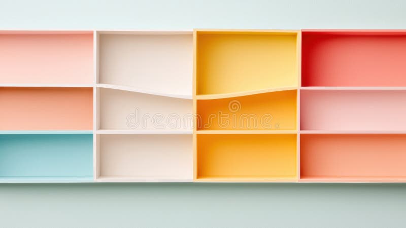 O colecție de nouă rafturi pătrate colorate aranjate într-o grilă 3x3. royalty free stock photo
