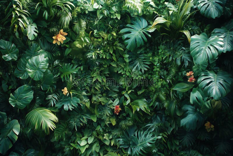 O colecție densă de diverse plante tropicale verzi cu frunze mari. vector illustration
