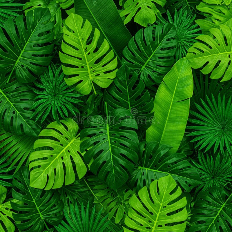 O colecție densă de frunze tropicale luxuriante cu diferite nuanțe de verde. royalty free illustration