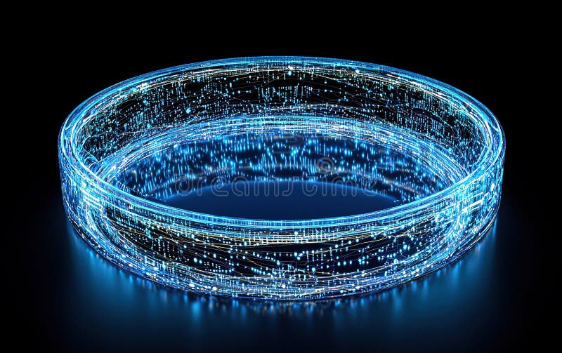 O compunere digitală circulară albastră luminoasă care afișează tiparele de date curgătoare într-un cadru întunecat vector illustration
