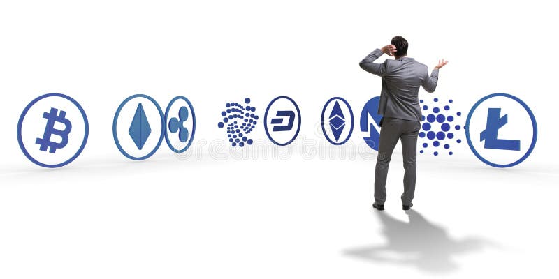 O conceito de vários cryptocurrencies e homem de negócios fotos de stock O conceito de vários cryptocurrencies e homem de negócios fotos de stock