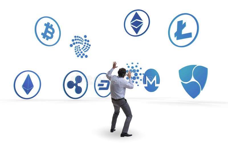 O conceito de vários cryptocurrencies e homem de negócios foto de stock O conceito de vários cryptocurrencies e homem de negócios foto de stock