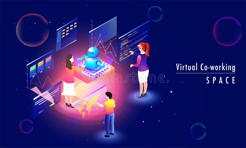 O conceito detrabalho virtual do espaço baseou o projeto da página da aterrissagem com ilustração stock O conceito detrabalho virtual do espaço baseou o projeto da página da aterrissagem com ilustração stock