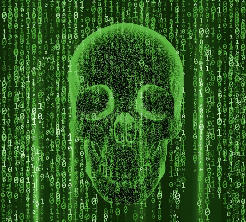O conceito do crime do cyber, da pirataria do Internet e do corte, forma do crânio combinou com o código binário ilustração 3D ilustração royalty free O conceito do crime do cyber, da pirataria do Internet e do corte, forma do crânio combinou com o código binário ilustração 3D ilustração royalty free