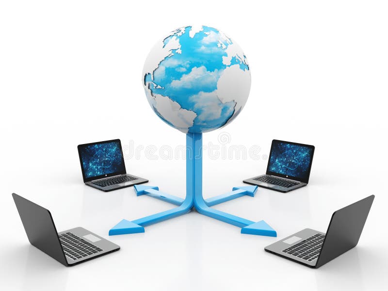 Conceito de comunicação global na internet, Computador conectado a um servidor. Renderização 3D ilustração do vetor