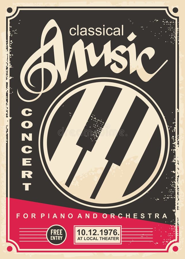 O concerto da música clássica para o cartaz retro do piano e da orquestra projeta