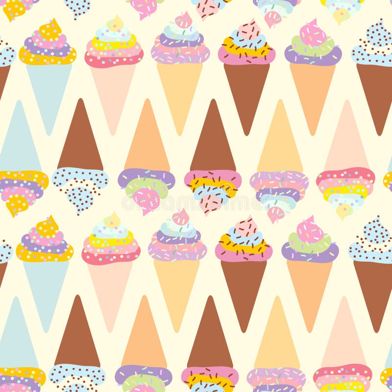 O cone sem emenda do waffle do gelado do teste padrão, grupo com creme e polvilha, cores pastel no fundo claro Vetor ilustração royalty free O cone sem emenda do waffle do gelado do teste padrão, grupo com creme e polvilha, cores pastel no fundo claro Vetor ilustração royalty free
