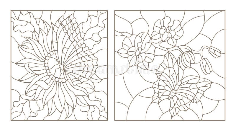 O contorno ajustou-se com ilustrações do vitral com borboletas e flores, borboleta da orquídea e do áster, contorno preto no whi ilustração stock O contorno ajustou-se com ilustrações do vitral com borboletas e flores, borboleta da orquídea e do áster, contorno preto no whi ilustração stock
