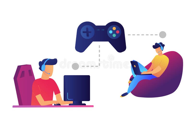 O controlador e os gamers do jogo que jogam o computador e o portátil vector a ilustração ilustração do vetor O controlador e os gamers do jogo que jogam o computador e o portátil vector a ilustração ilustração do vetor