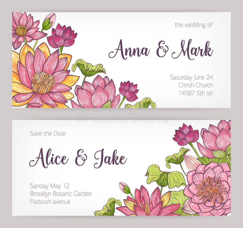 O convite do casamento e salvar os moldes do cartão de data decorados com as flores de lótus de florescência do rosa elegante, bo ilustração stock