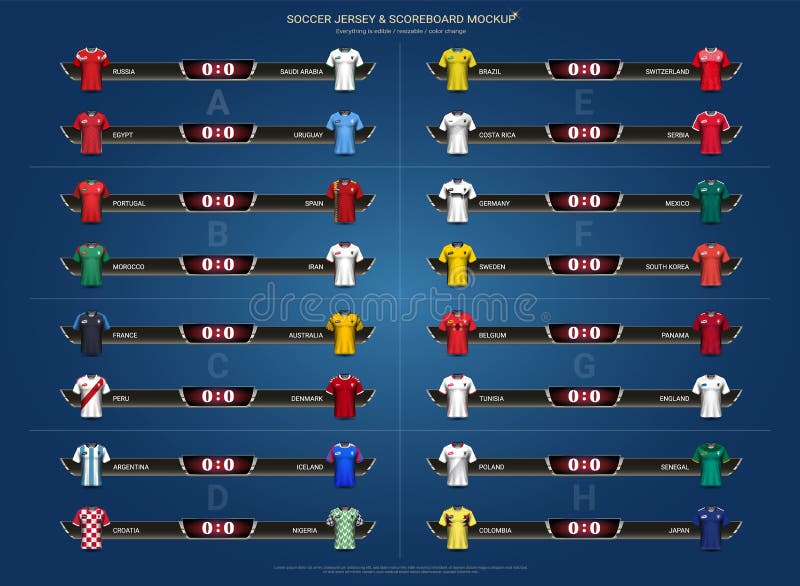 O copo 2018 do campeonato mundial do futebol, de futebol da equipa nacional grupo e placar do grupo dos uniformes do jérsei combi ilustração stock O copo 2018 do campeonato mundial do futebol, de futebol da equipa nacional grupo e placar do grupo dos uniformes do jérsei combi ilustração stock