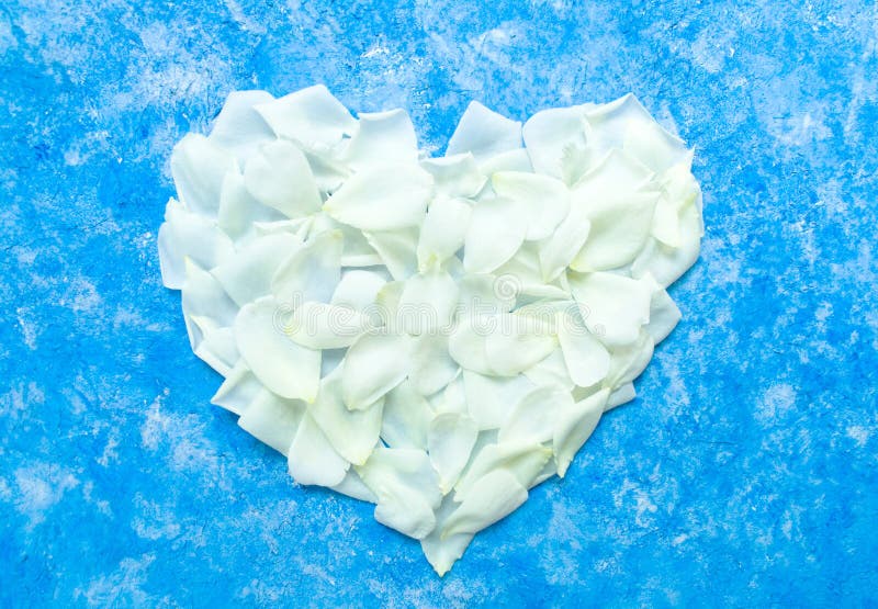 O coração é alinhado com as pétalas cor-de-rosa brancas em um fundo dos azul-céu Decoração do dia de Valentim e conceito do amor fotografia de stock royalty free O coração é alinhado com as pétalas cor-de-rosa brancas em um fundo dos azul-céu Decoração do dia de Valentim e conceito do amor fotografia de stock royalty free