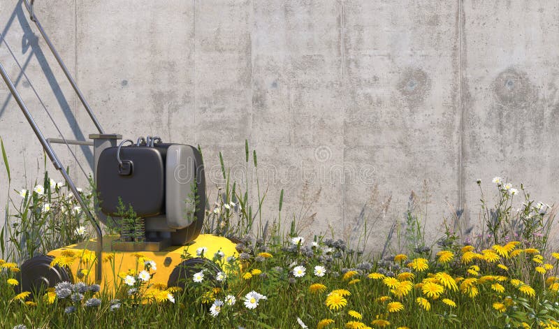 Yellow lawn mower stands near concrete wall with unshorn lawn, overgrown with weeds and wildflowers on a summer sunny day. Illustration with copy space. 3D render. Yellow lawn mower stands near concrete wall with unshorn lawn, overgrown with weeds and wildflowers on a summer sunny day. Illustration with copy space. 3D render