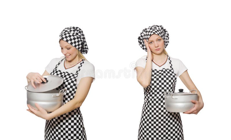 O cozinheiro da mulher isolado no fundo branco fotografia de stock royalty free O cozinheiro da mulher isolado no fundo branco fotografia de stock royalty free
