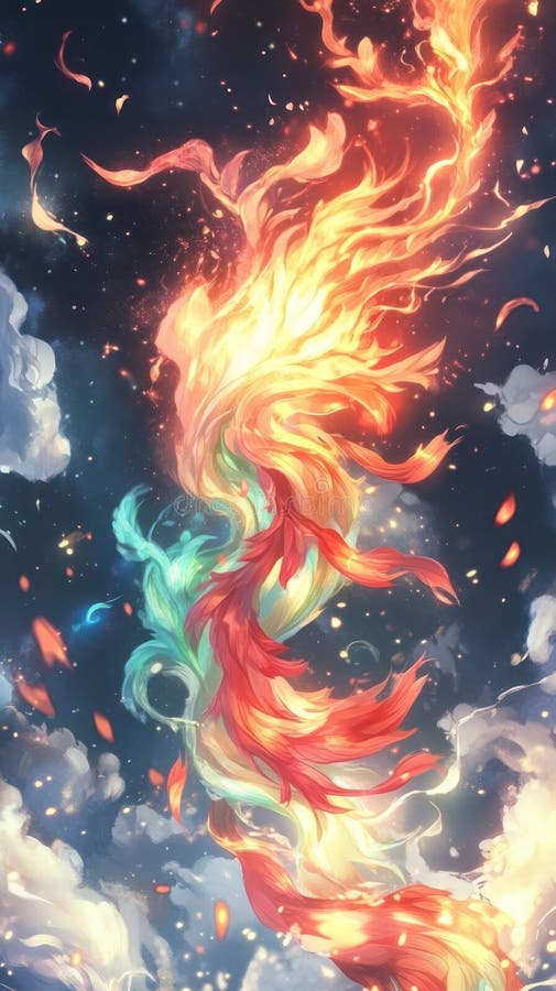 O creatură mitică vibrantă cu cozi colorate și fiartă, care se ridică printr-un cer înstelat stock illustration
