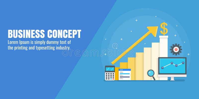 O crescimento do negócio, rendimento do mercado do aumento, vendas em linha representa graficamente o conceito Bandeira lisa do v ilustração do vetor O crescimento do negócio, rendimento do mercado do aumento, vendas em linha representa graficamente o conceito Bandeira lisa do v ilustração do vetor