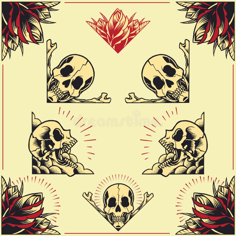 O crânio e Rose Frames ajustaram 01 ilustração royalty free O crânio e Rose Frames ajustaram 01 ilustração royalty free