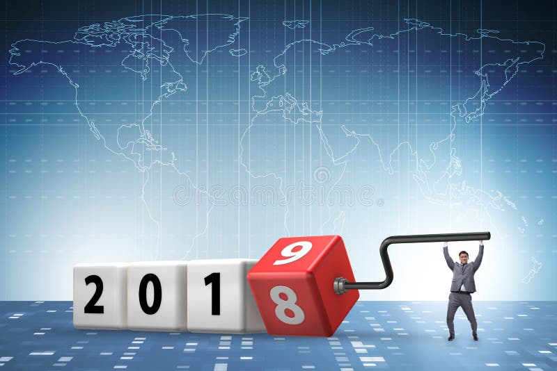 O cubo de giro do empregado do homem de negócios para revelar o número 2019 ilustração stock O cubo de giro do empregado do homem de negócios para revelar o número 2019 ilustração stock