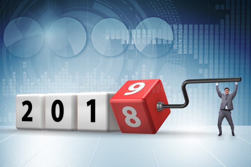 O cubo de giro do empregado do homem de negócios para revelar o número 2019 ilustração do vetor O cubo de giro do empregado do homem de negócios para revelar o número 2019 ilustração do vetor
