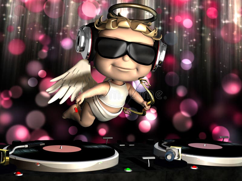 Valentine Cupid is In the House and mixing up some Valentine cheer. Turntables with vinyl albums. Cupid with wings, bow and heart arrow and disco lights in the background. Valentine Cupid is In the House and mixing up some Valentine cheer. Turntables with vinyl albums. Cupid with wings, bow and heart arrow and disco lights in the background.