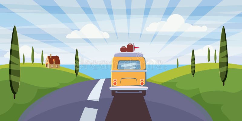 O curso camionete campista, ônibus na estrada vai ao mar por umas férias de verão F?rias da ?poca de f?rias no mar Lazer do curso ilustração do vetor O curso camionete campista, ônibus na estrada vai ao mar por umas férias de verão F?rias da ?poca de f?rias no mar Lazer do curso ilustração do vetor