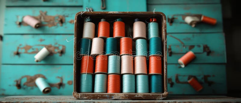 O cutie de lemn umplută cu bobine colorate de fir. stock photography