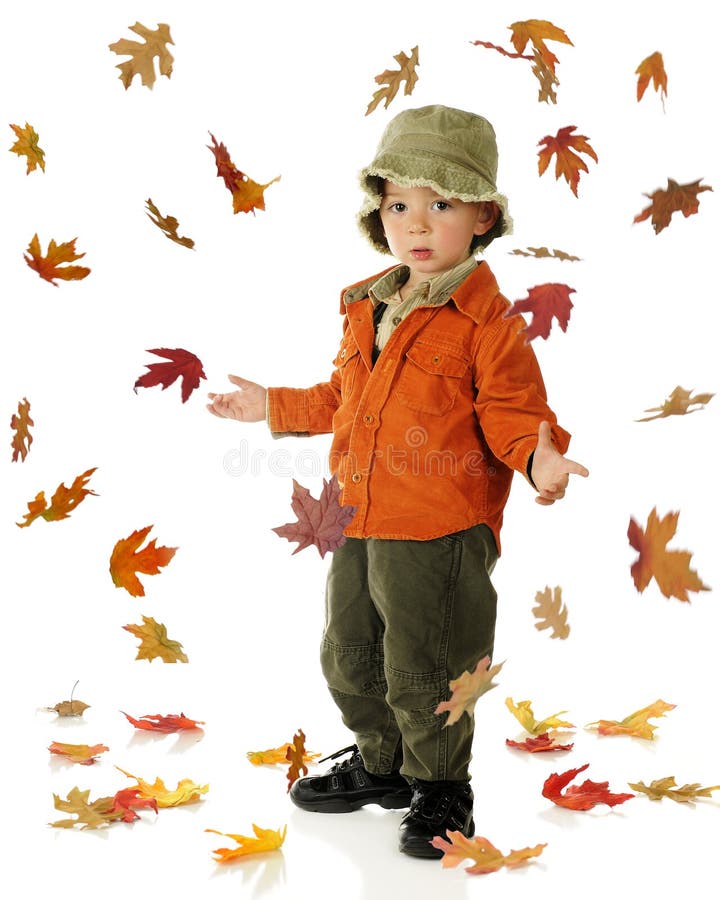 An adorable preschooler dressed in autumn colors wondering concerned that all the leaves are falling down. On a white background. An adorable preschooler dressed in autumn colors wondering concerned that all the leaves are falling down. On a white background.