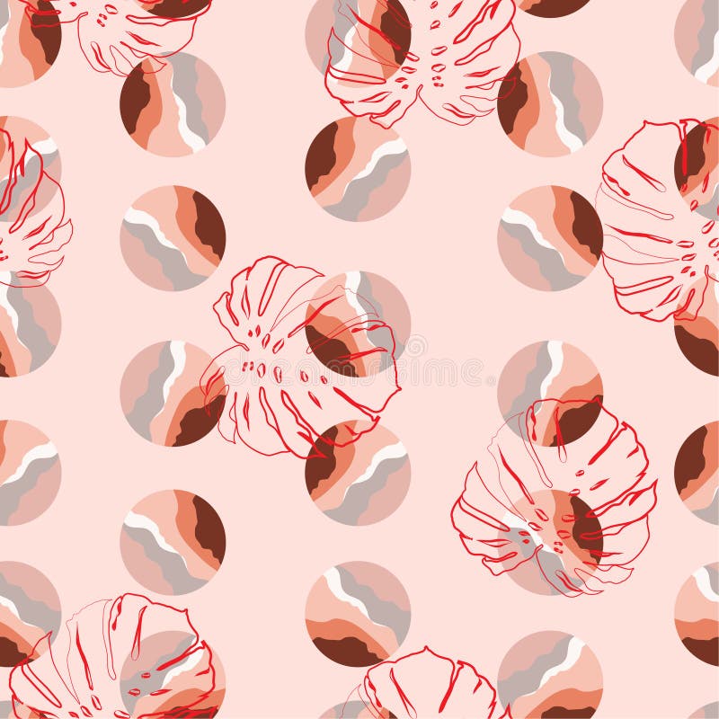 O círculo moderno à moda do às bolinhas de mármore da textura com linha vermelha tirada mão monstera sae do projeto sem emenda do ilustração royalty free O círculo moderno à moda do às bolinhas de mármore da textura com linha vermelha tirada mão monstera sae do projeto sem emenda do ilustração royalty free