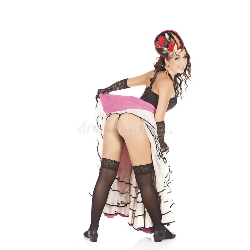 O dançarino Burlesque com o vestido longo vermelho para poder-pode imagens de stock royalty free O dançarino Burlesque com o vestido longo vermelho para poder-pode imagens de stock royalty free