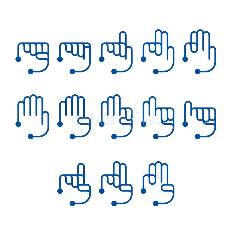 O dedo da mão que conta ícones do número ajustou o conceito da linguagem gestual, linha com ilustração de cor azul do projeto lis ilustração stock O dedo da mão que conta ícones do número ajustou o conceito da linguagem gestual, linha com ilustração de cor azul do projeto lis ilustração stock